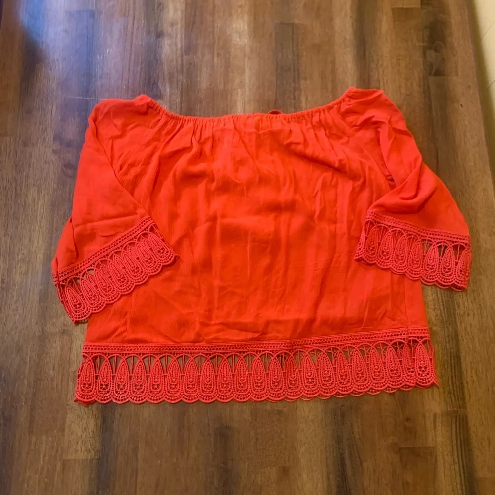 CATO NWT top Medium Poinciana Orange Crocheted trim sleeves bottom off shoulder - Picture 5 of 6